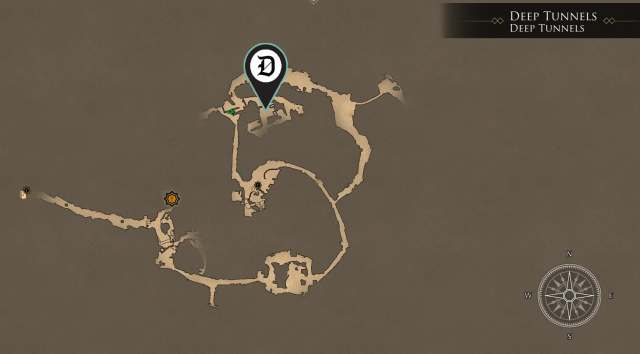 A map from GreedFall 2 showing the Deep Tunnels location, and where readers can find the powerful explosives.