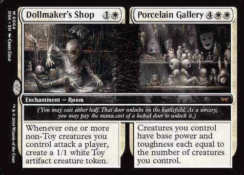 Dolls in shop looking like ghosts and skeletons through MTG Duskmourn set