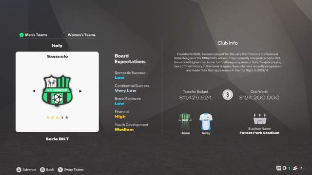 An overview of Sassuolo in EA FC 25 Career Mode.