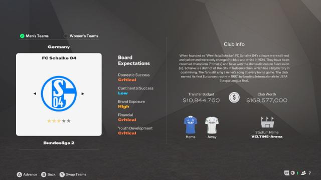 An overview of Schalke in EA FC 25 Career Mode.