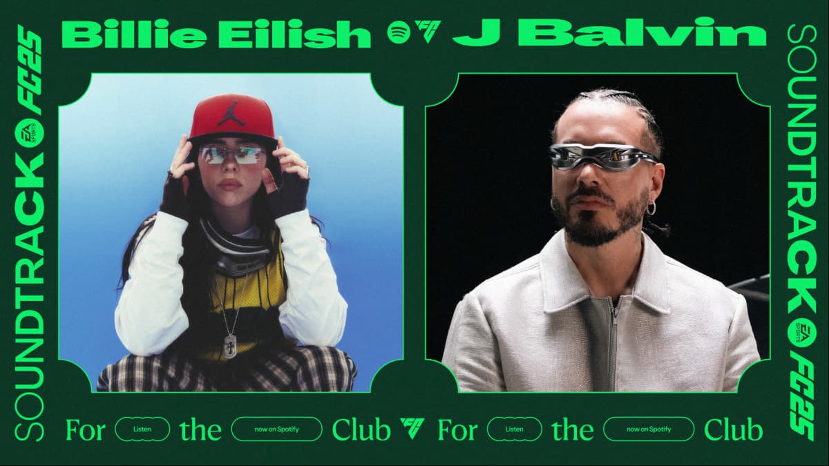 Artwork for the official EA FC 25 soundtrack showing Billie Eilish and J Balvin.