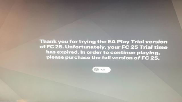 An error message in EA FC 25 stating the trial period has expired.