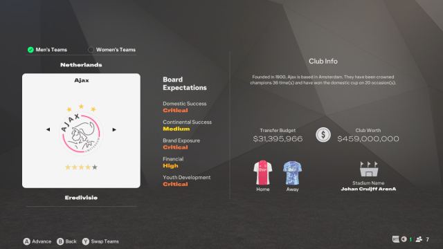 An overview of Ajax in EA FC 25 Career Mode.