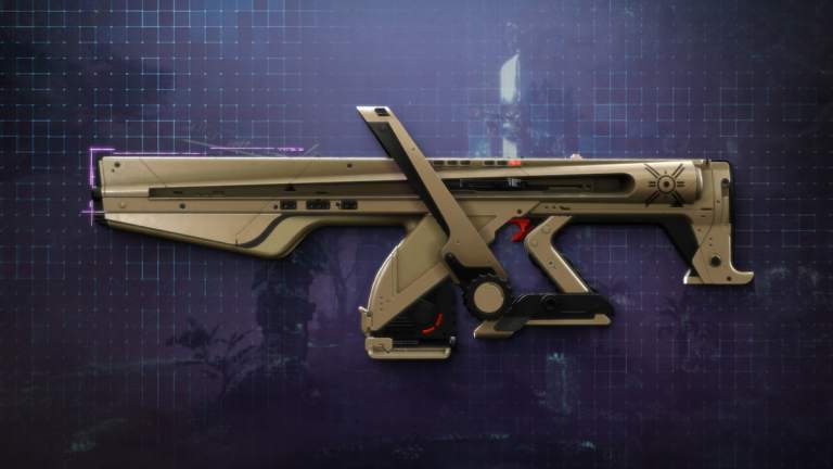 The Choir of One auto rifle displayed over a faded picture of Nessus with a grid in front of it. The weapon's Ishtar Collective logo is visible.