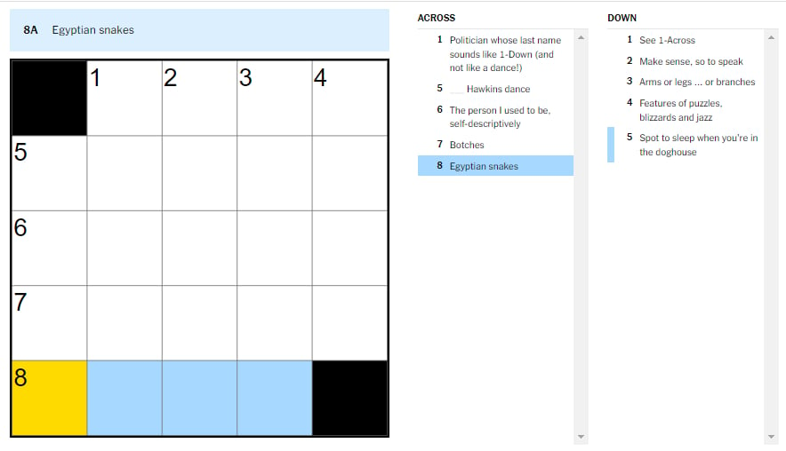 Picture showing the Egyptian snakes clue in NYT Mini Crossword.