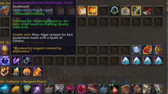 Enchantedd Harbinger Crest in the bag of a player in WoW The War Within.