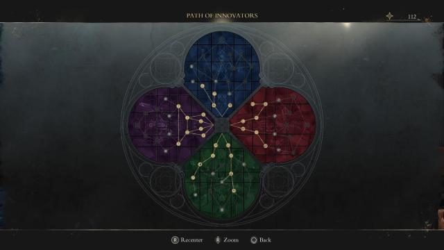 A zoomed out shot of the path of innovators menu in Enotria