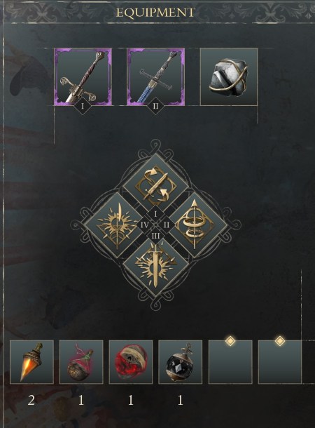 Light build weapons and Mask Line selection on Enotria Loadout screen