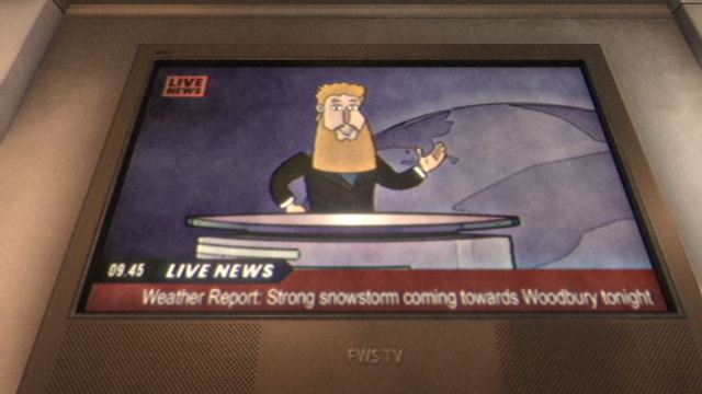 Looking up at the television with a live news clip playing as the newcaster on screen talks