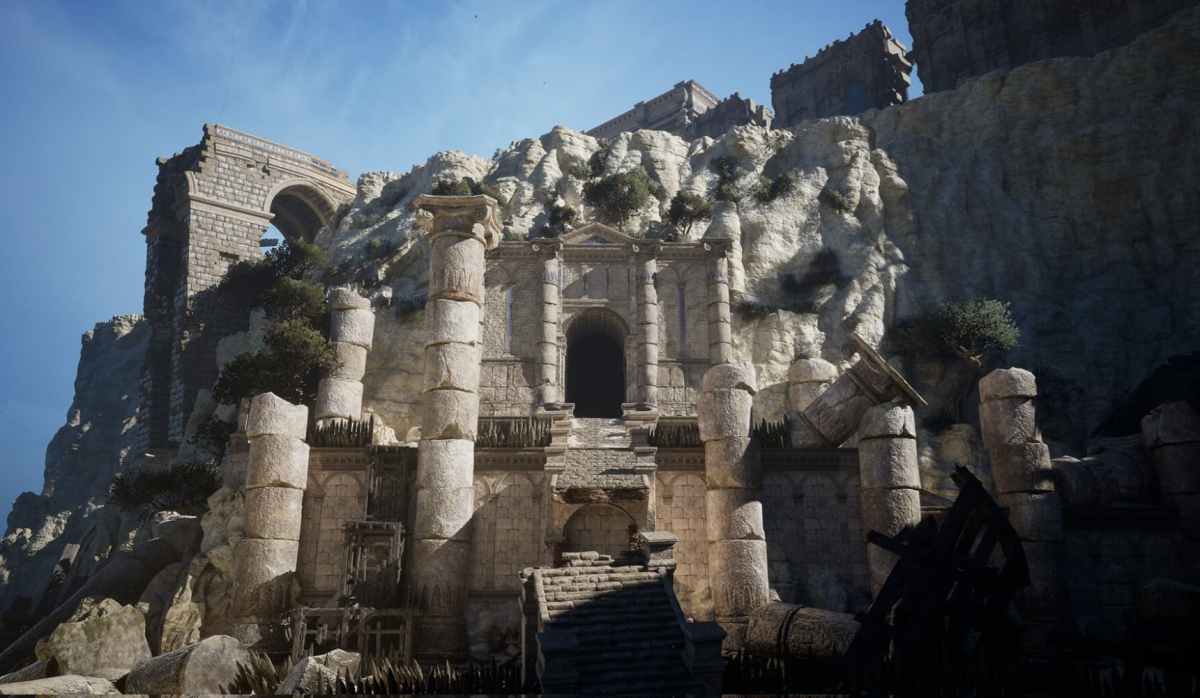 An ancient structure resembling Roman architecture on the side of a cliff. This is the Falesia Magna region in Enotria: The Last Song