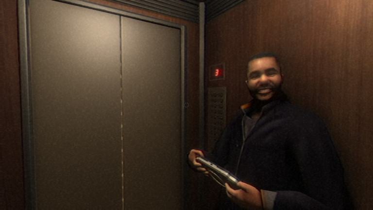 Looking at the stranger in the elevator holding his game device, smiling at you