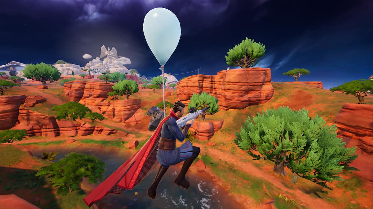 Picture showing a Fortnite player using baloons to get a better headshot on enemies using Birthday Medallion.