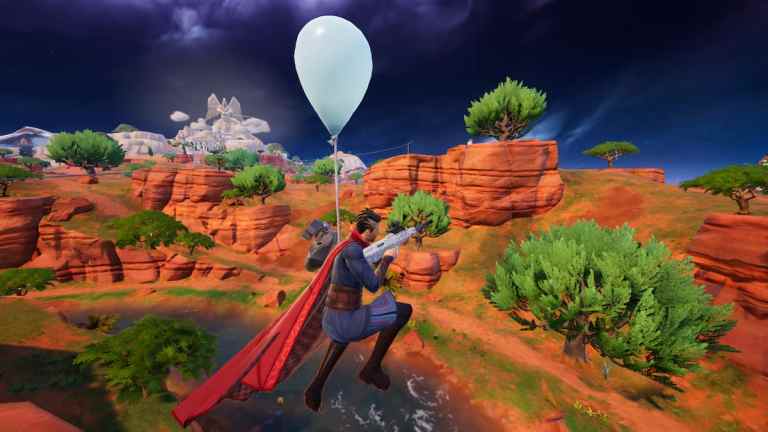 Picture showing a Fortnite player using baloons to get a better headshot on enemies using Birthday Medallion.