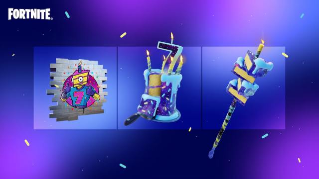 Picture showing Fortnite Birthday rewards including the sticker, backbling, and pickaxe.