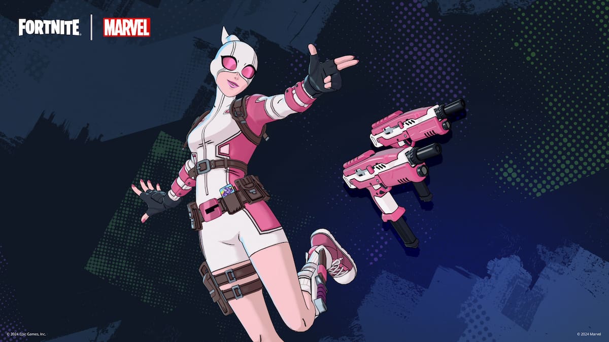 Picture showing Gwenpool and her mythic weapon Dual Micro SMGs in Fortnite.