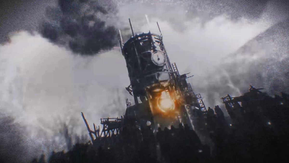 A Generator in Frostpunk 2, a giant steel entity with smoke coming out of the top against a white sky