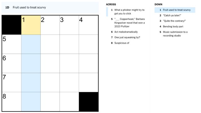 The clue, fruit used to treat scurvy, highlighted in blue and yellow on the nyt mini crossword puzzle