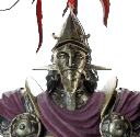 A roman soldier with a hat full of red feathers and a maroon tunic with spiral metal plating