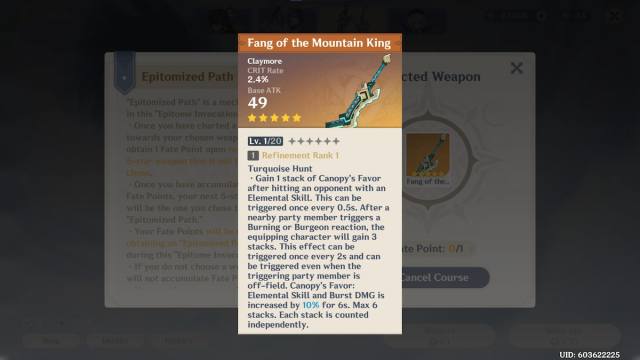 An image of the Fang of the Mountain King, Kinich's best weapon.