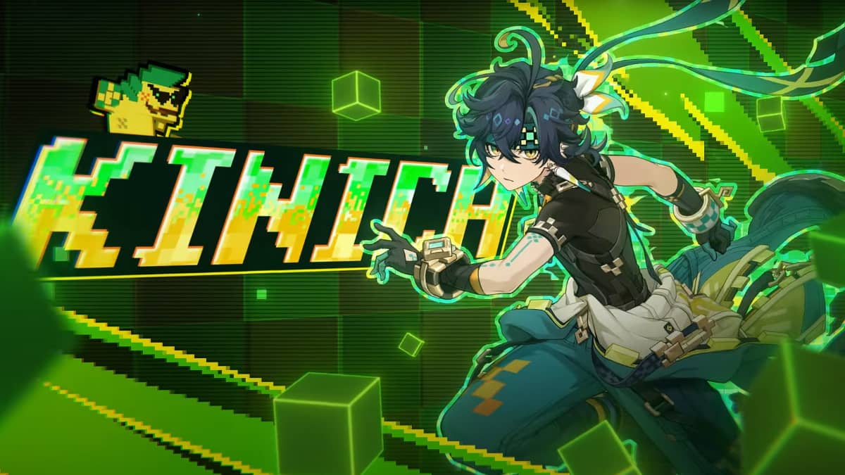 An image of Kinich's splash art from Genshin Impact. This character has a green aesthetic and a grappling hook.