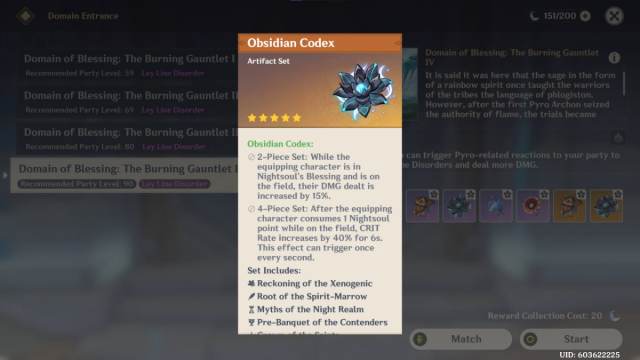 An image of the Obsidian Codex Artifact Set from Genshin Impact. This increases elemental damage and crit rate.