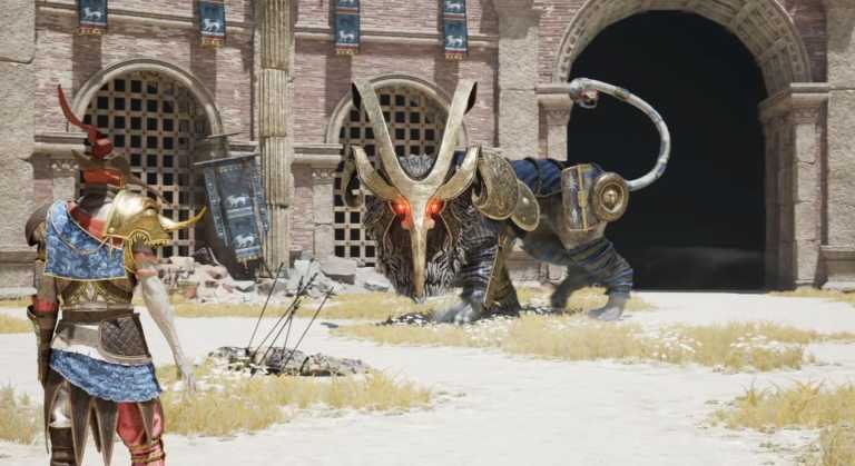 Giangurgolo, a Chimera boss from Enotria the Last Song, crouches across a coliseum arena opposite of the player character.