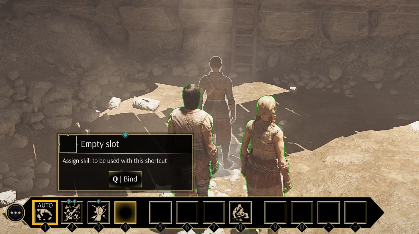 Three characters stand in a cave with the hotbar showing four different equipped skills. A pop-up box asks if the player wants to bind an ability to the fourth slot.