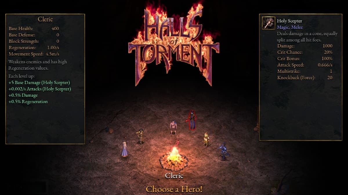 Six pixelated characters sitting around a fire with Halls of Torment written in the background showcasing the Cleric