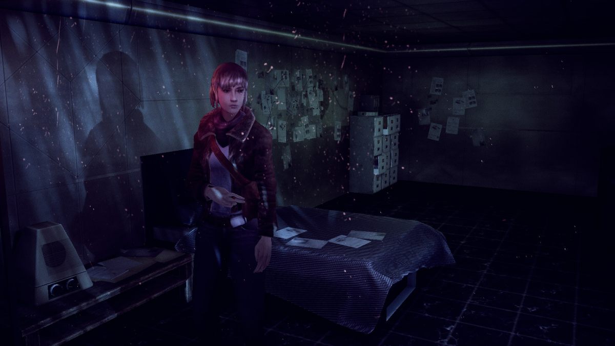 A shot of Mica standing next to her bed, looking out the window, towards the direction of the camera