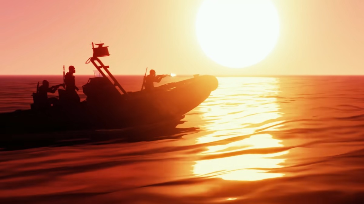 Sun setting across the ocean with three soldiers riding across on a speedboat