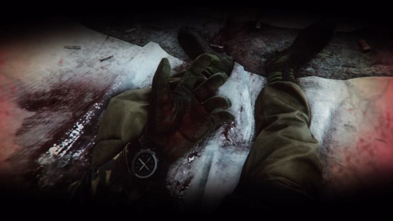 Shot of a EFT soldier looking at this bloody hand from a leg injury