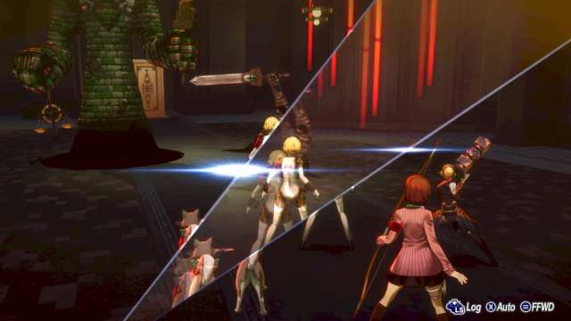 Aigis, Metis, Yukari, and Koromaru meet the Harmony Giant and the Judgment Sword in P3R's Episode Aigis.