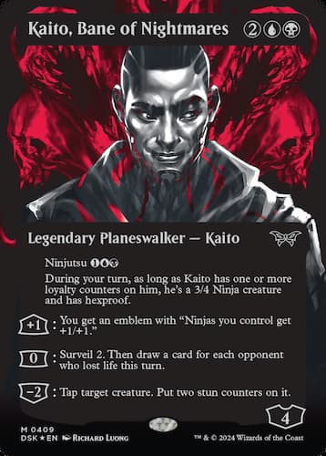 Kaito face in black and white with red nighmare creatures behind him in MTG Duskmourn set