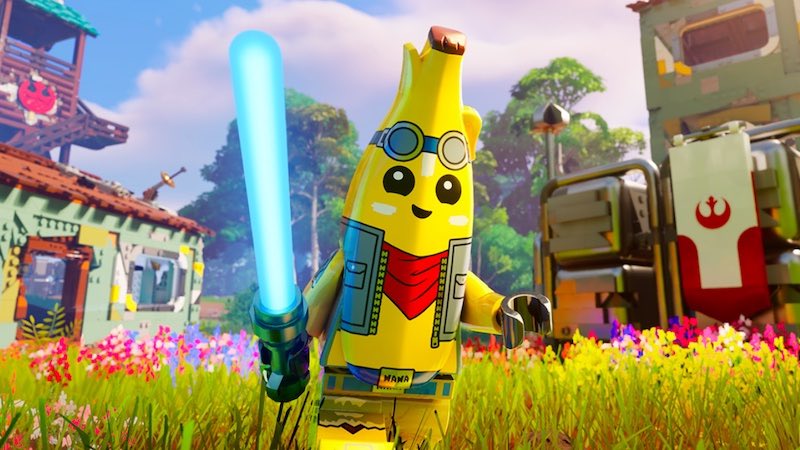 Peely from Fortnite appears as a LEGO character with a lightsaber.