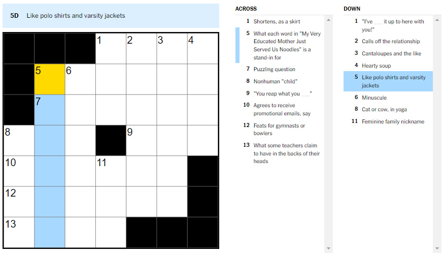 Picture showing the Like polo shirts and varsity jackets clue in NYT Mini Crossword.