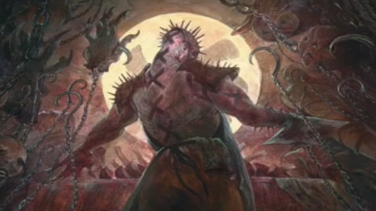 A new Meathook Massacre butcher on MTG Duskmourn plane chopping up creatures with bones exposed on table and hooks through hands