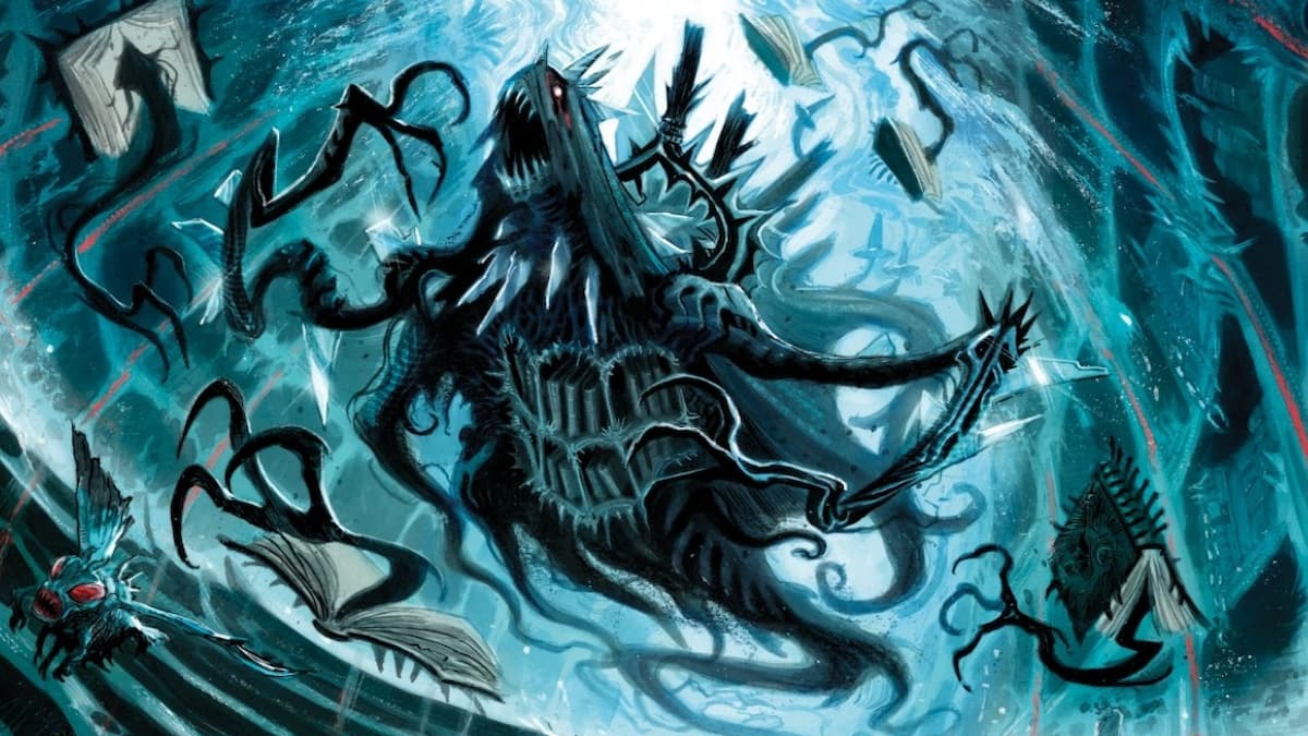 Nightmare with books in chest in blue room and multiple black arms shouting with pointed teeth in MTG Duskmourn set