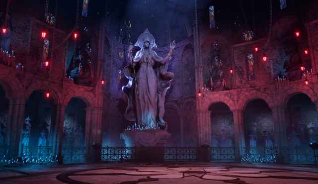 A statue of a priestess in a room full of deep reds and blues. This is the Maja statue players need to interact with in Enotria: The Last Song.