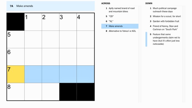 the clue, make amends, highlighted in blue and yellow on the nyt mini crossword puzzle