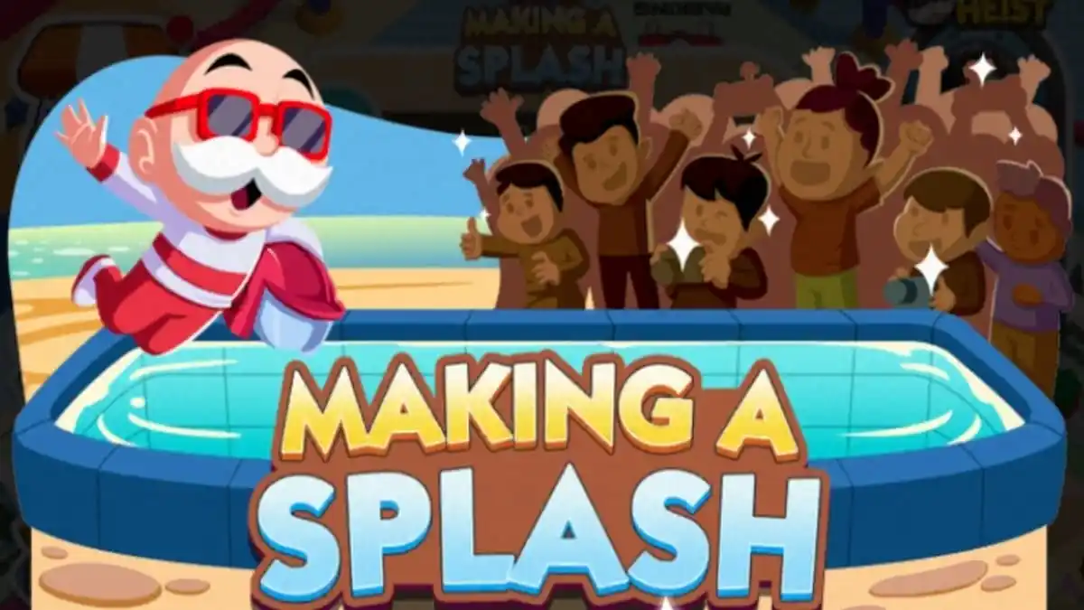 Mr. M jumping into pool with red sunglasses, white and red stripe shirt, and red pants holding red helmet with crowd cheering in background through Monopoly GO