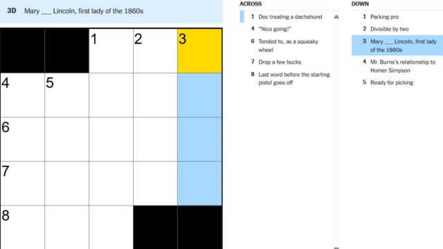 sept 18 nyt mini crossword mary lincoln first lady of the 1860s clue