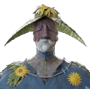 A gardener mask from Enotria: The Last Song showing a man with a green droopy hat and sunflower patterns on his blue tunic.