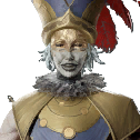 The Highborne Mask in Enotria, showing a feminine figure smiling and wearing a big feathered hat with gold and blue clothing