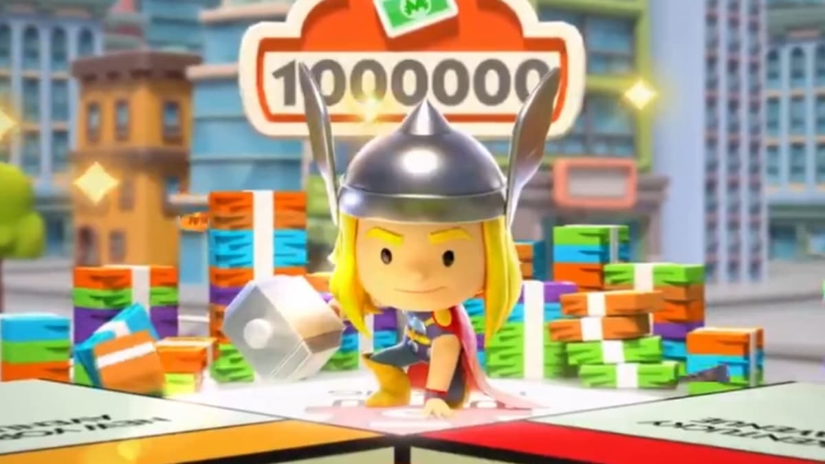 Thor making a superhero landing on Monopoly GO board in silver helmet and hammer with gold and red cape