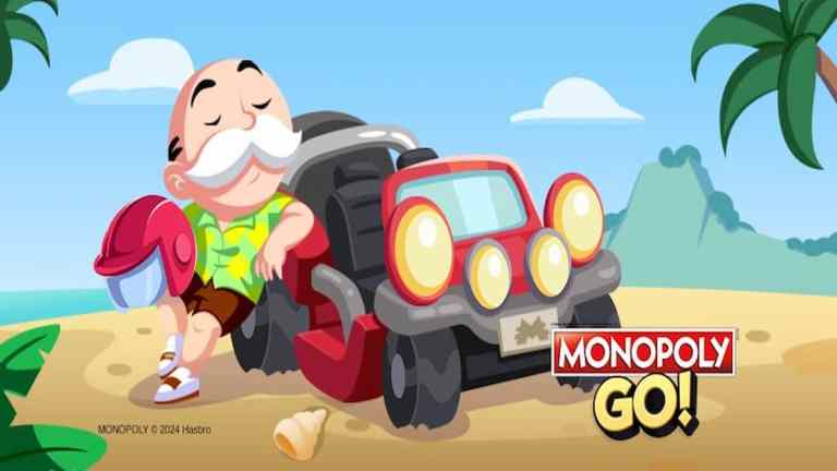 Mr. M next to buggy beach racer car in green and yellow button down shirt and brown shorts holding red helmet in Monopoly GO