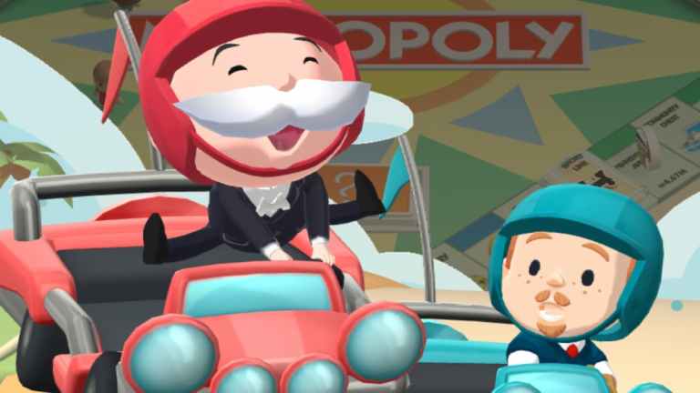 Mr. M wearing red helmet in red beach cruiser passing blue helmet driver in blue car in Monopoly GO