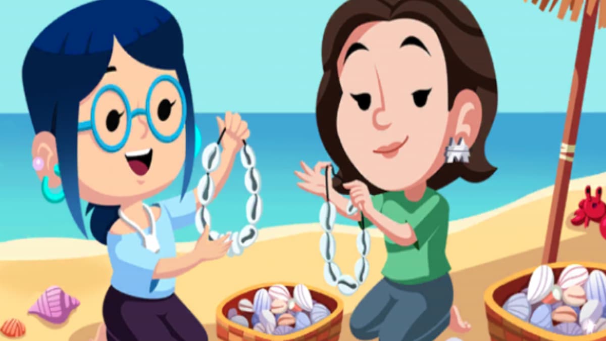 A lady in a blue shirt and a lady in green shirt making shell necklaces on beach in Monopoly GO