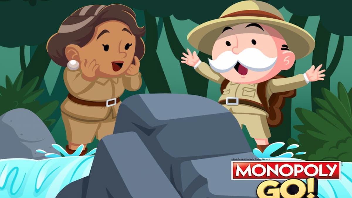 Mr. M and Ms. M in brown outfits near waterfall in Monopoly GO