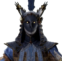 Moretta's Mask, a shadowy figure with bright piercing eyes draped in dark blue clothing. 