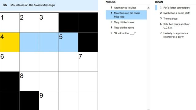 mountains on the swiss miss logo clue in sept. 9 nyt mini crossword